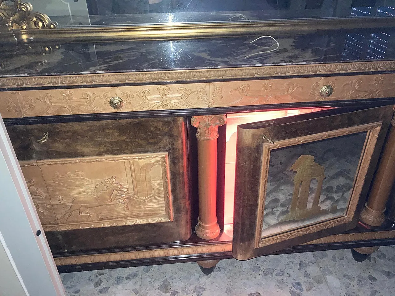 Large sideboard in carved walnut in eclectic style, 50s 5