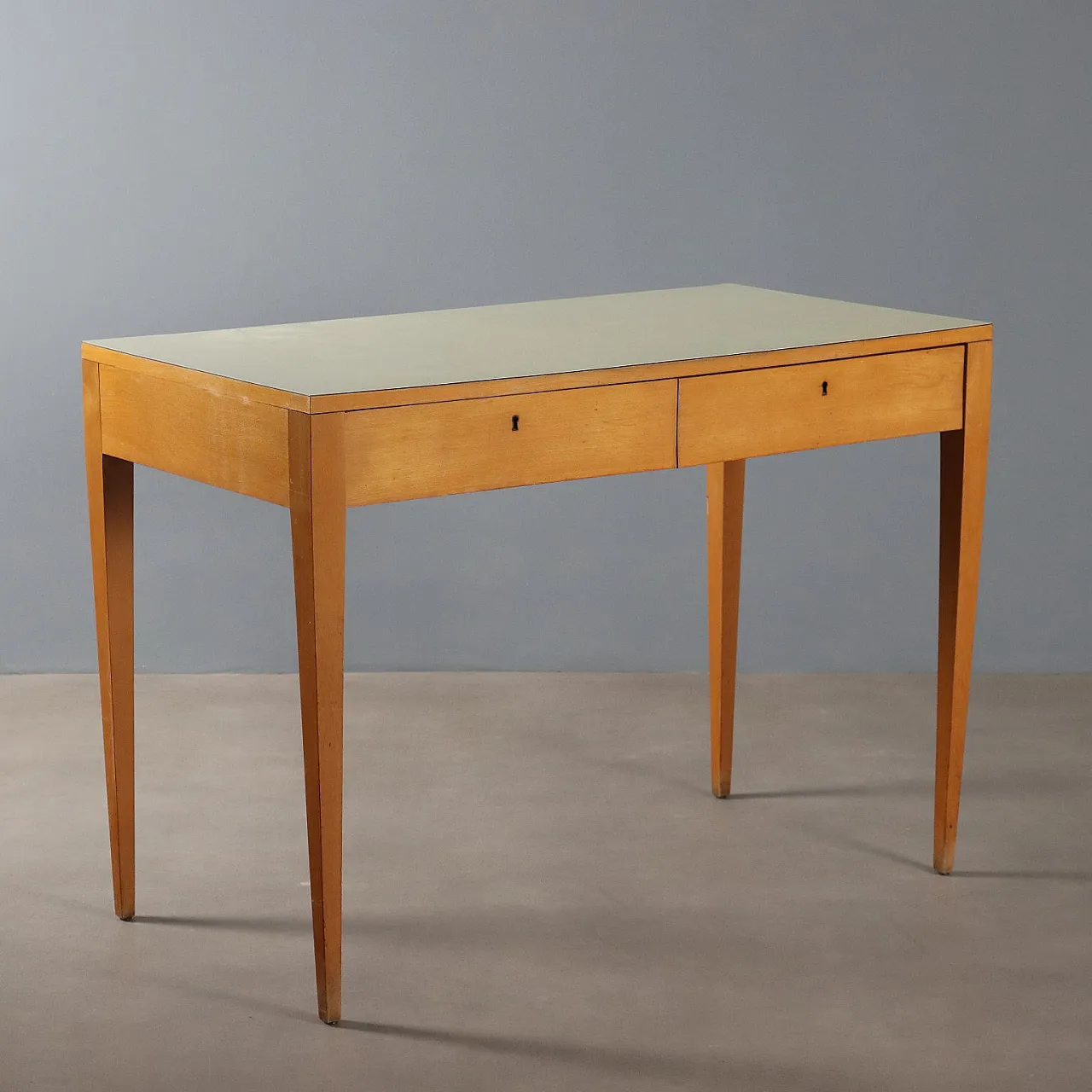 Scrittoio in legno di faggio con piano in formica gialla, '900 1