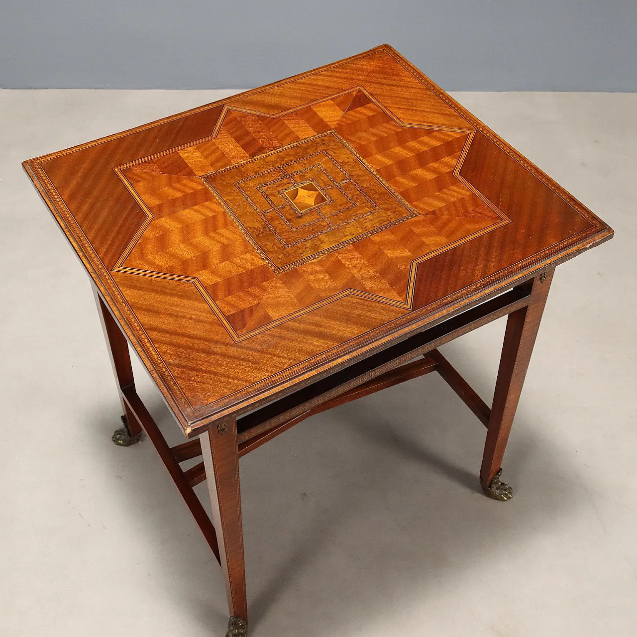 Inlaid and threaded table in various woods and bronze, 19th century 3