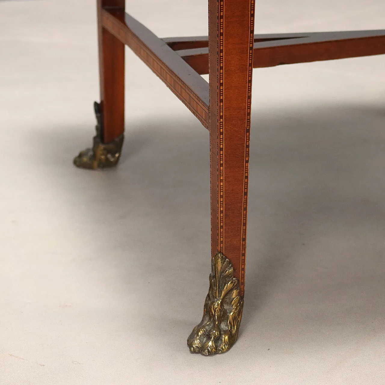 Inlaid and threaded table in various woods and bronze, 19th century 9