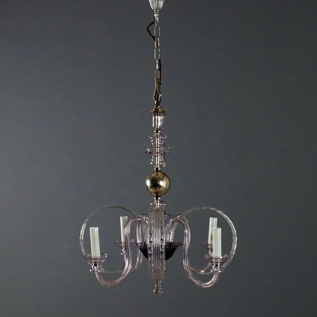 Four-light chandelier in blown glass and metal, 20th century 1