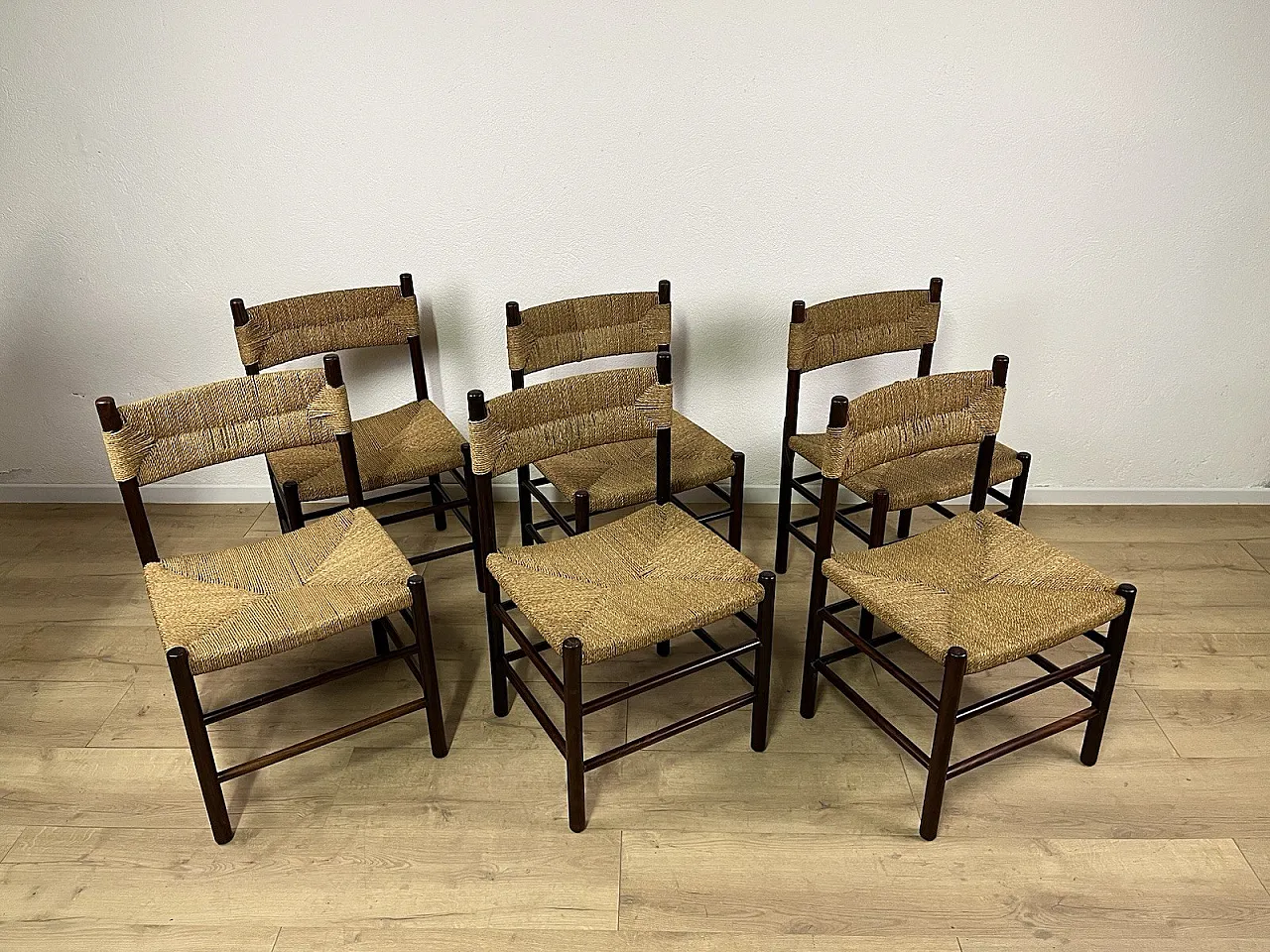 6 Wooden Chairs and LS4/B Rope by Tito Agnoli, 1960s 1