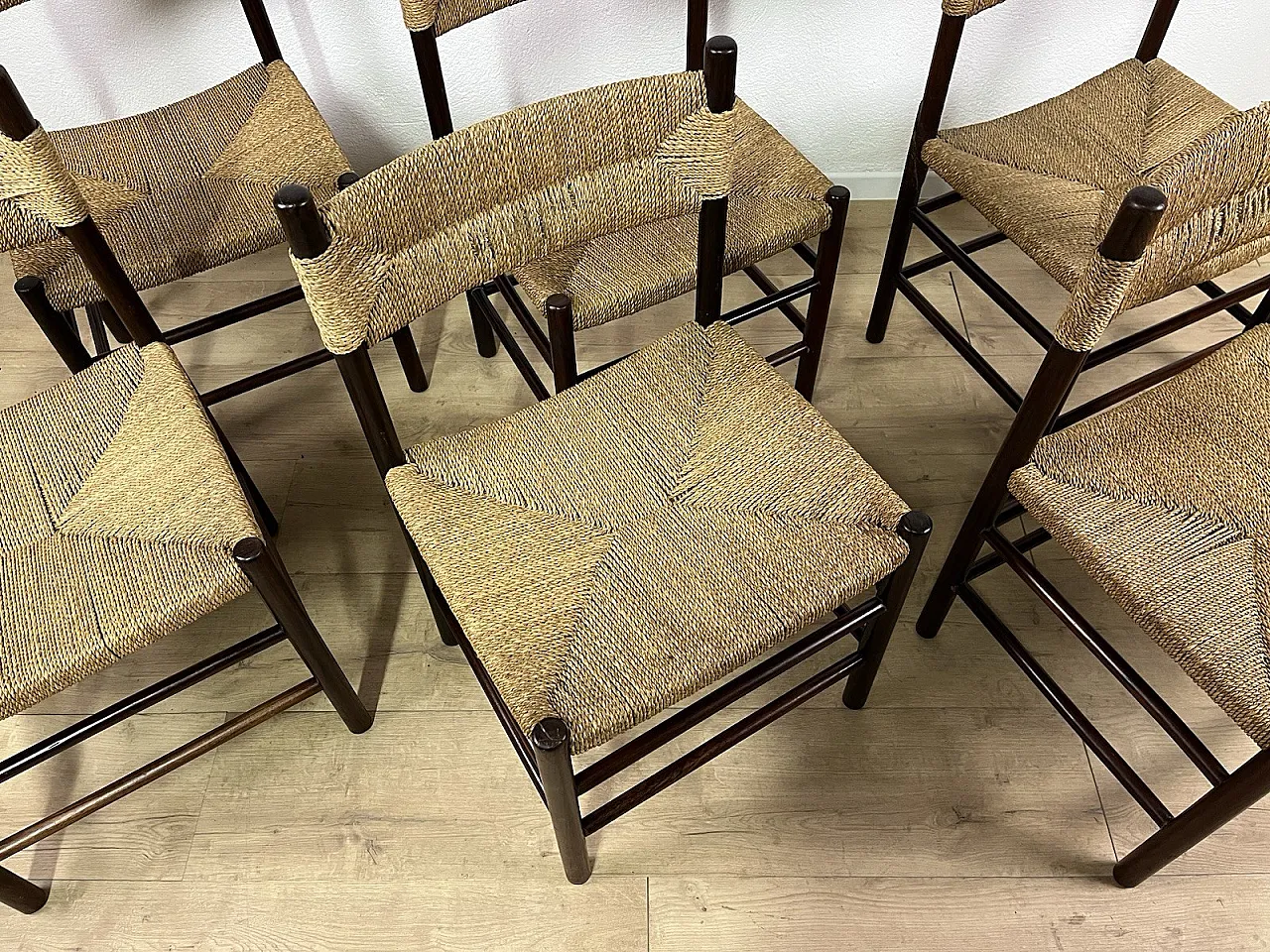 6 Wooden Chairs and LS4/B Rope by Tito Agnoli, 1960s 3
