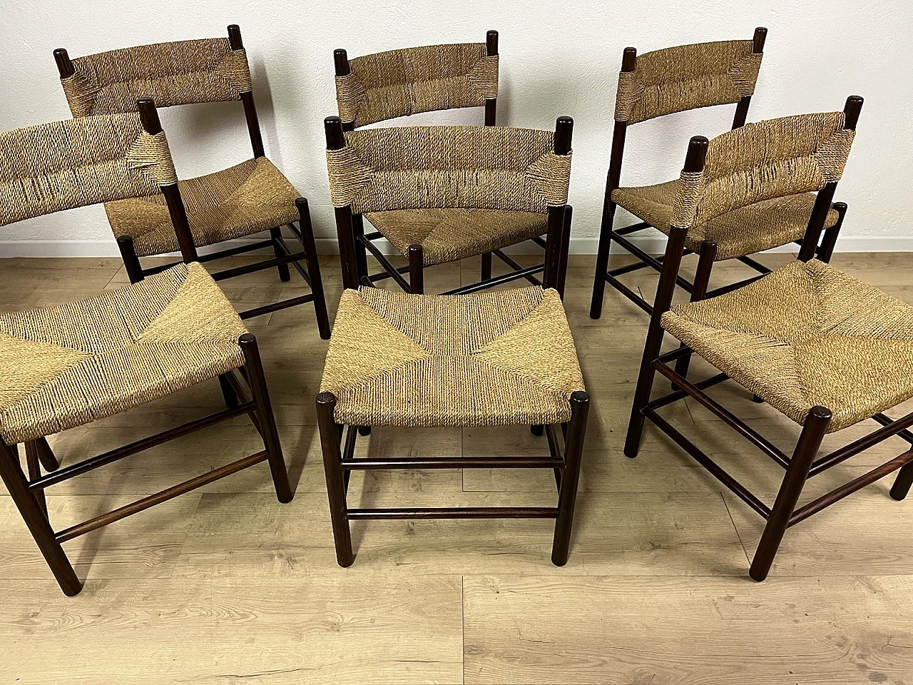 6 Wooden Chairs and LS4/B Rope by Tito Agnoli, 1960s 9