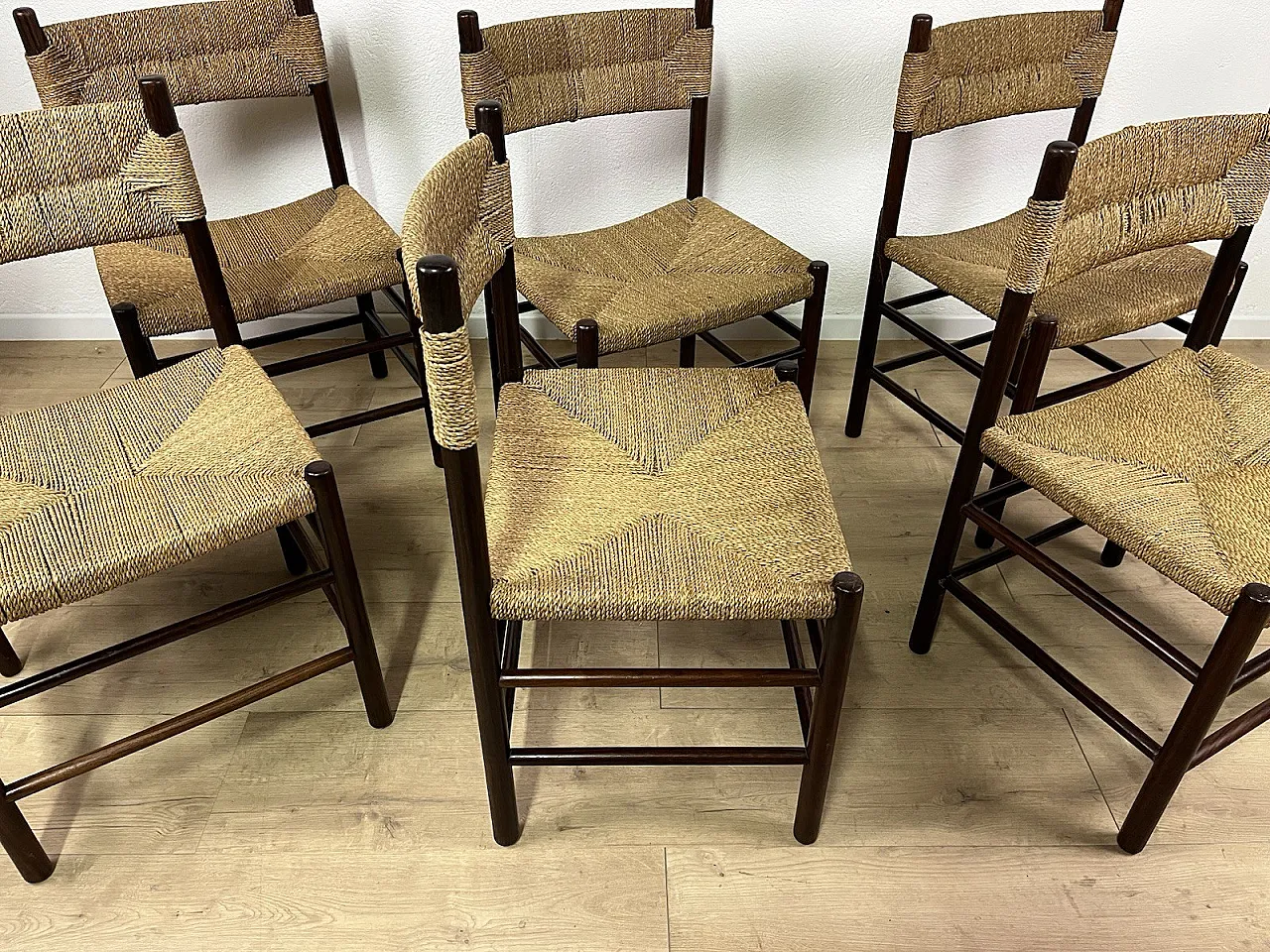 6 Wooden Chairs and LS4/B Rope by Tito Agnoli, 1960s 10
