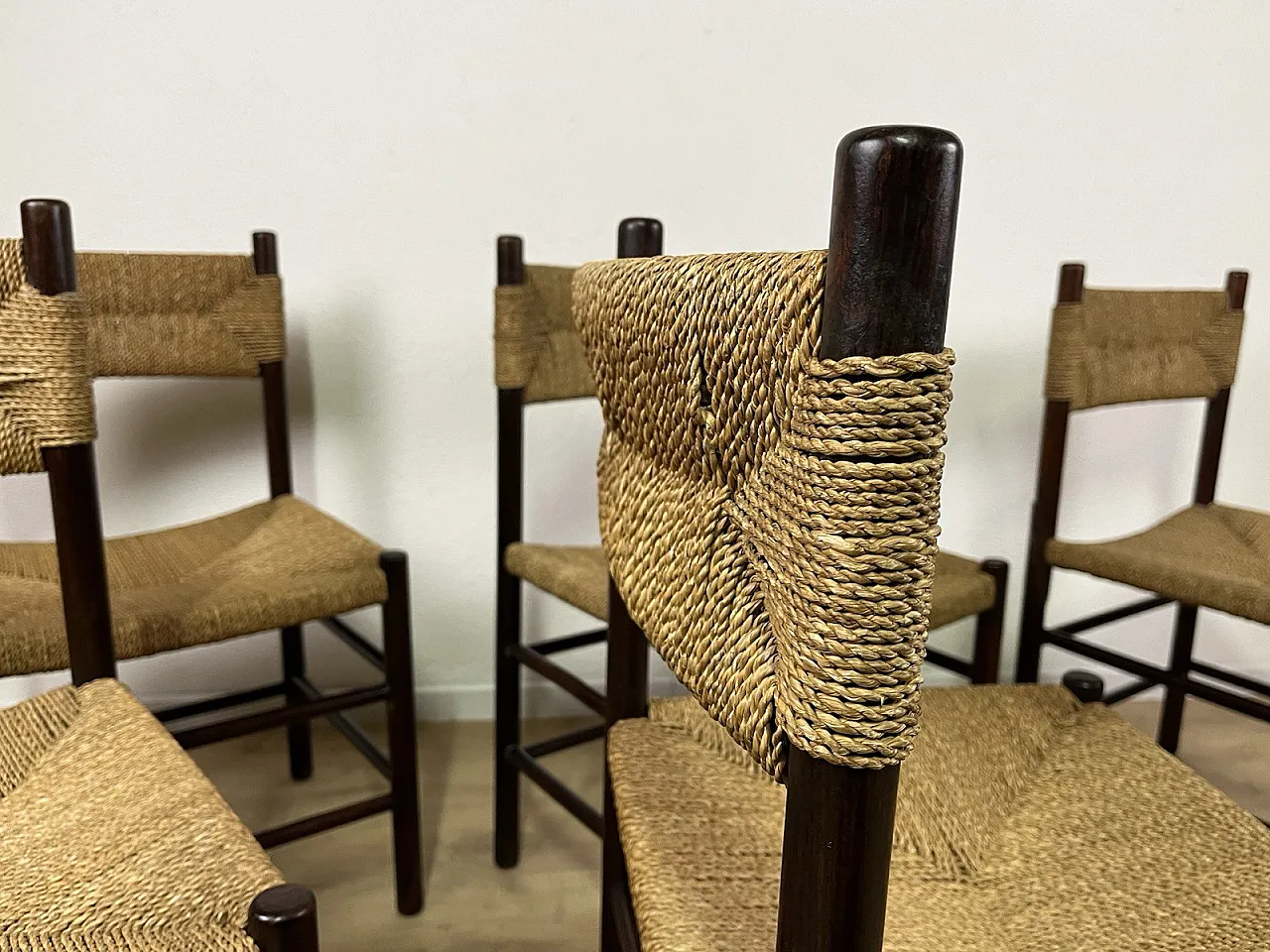 6 Wooden Chairs and LS4/B Rope by Tito Agnoli, 1960s 12