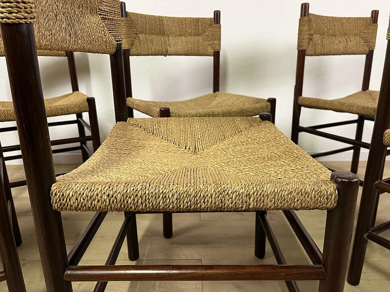 6 Wooden Chairs and LS4/B Rope by Tito Agnoli, 1960s 14