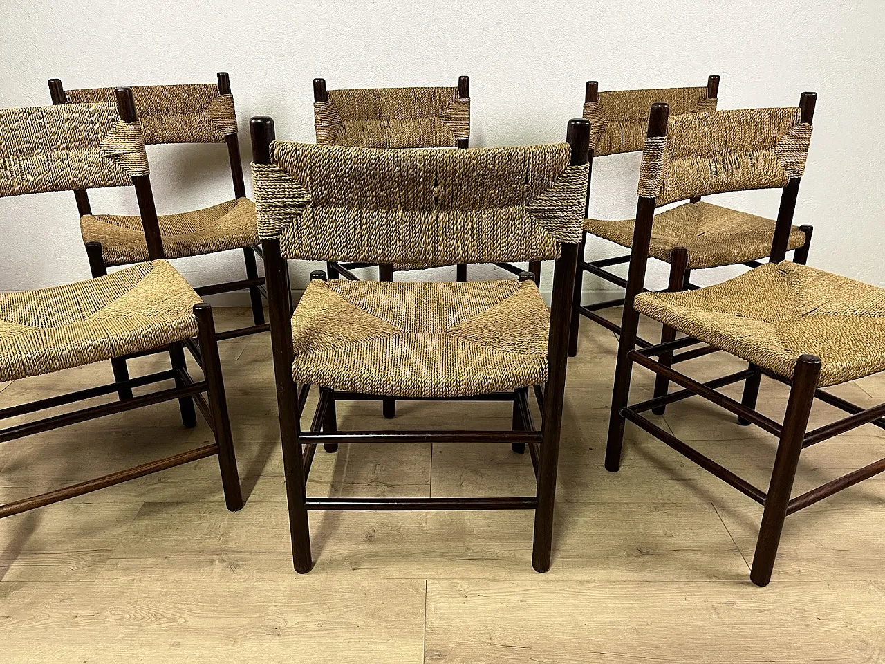 6 Wooden Chairs and LS4/B Rope by Tito Agnoli, 1960s 15