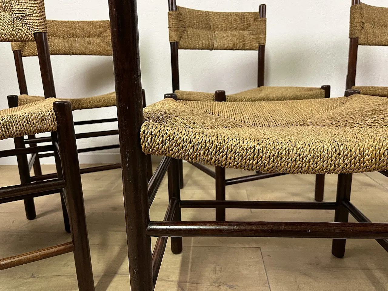 6 Wooden Chairs and LS4/B Rope by Tito Agnoli, 1960s 17