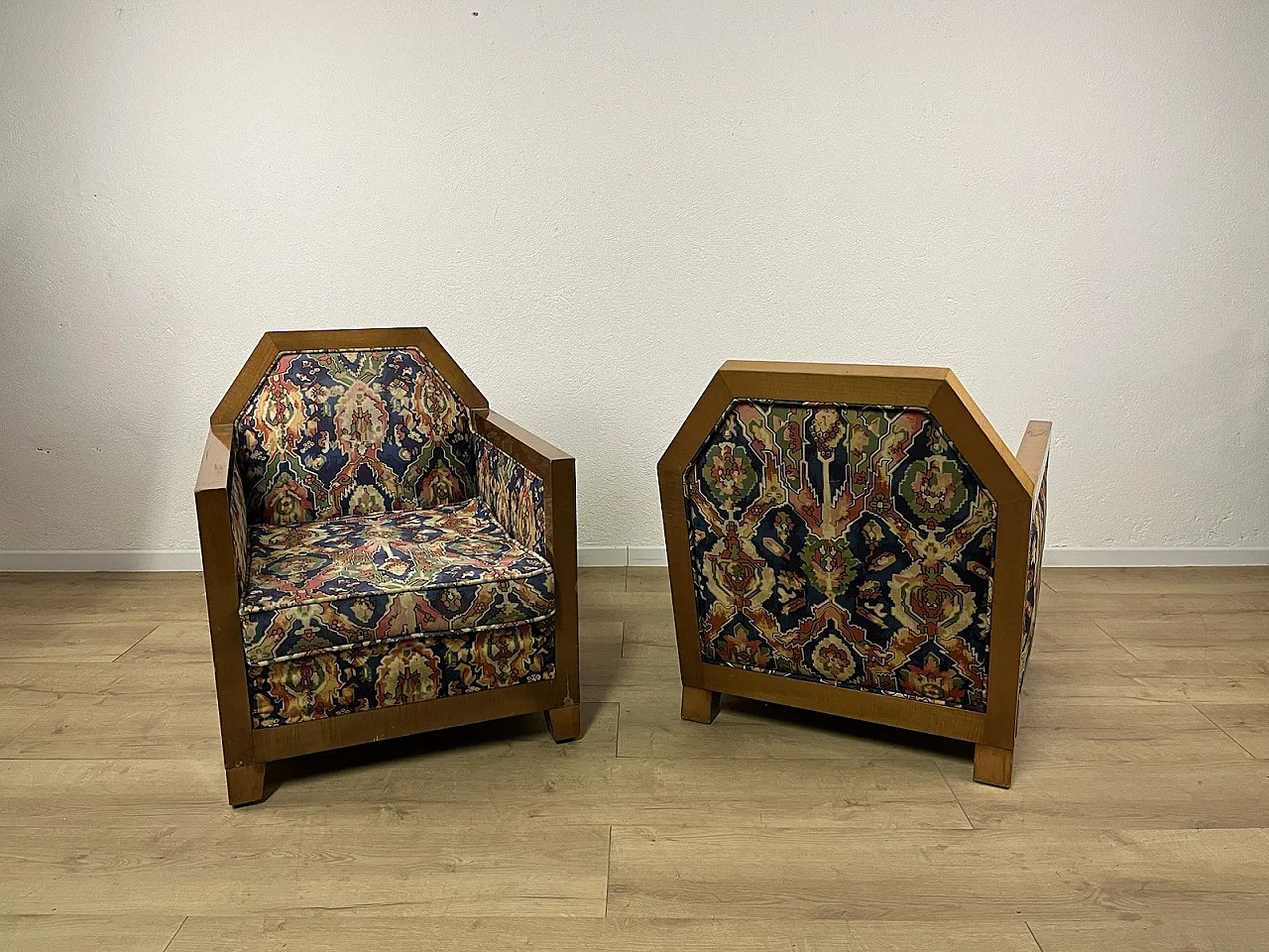 Pair of wooden and fabric armchairs, 1940s 1