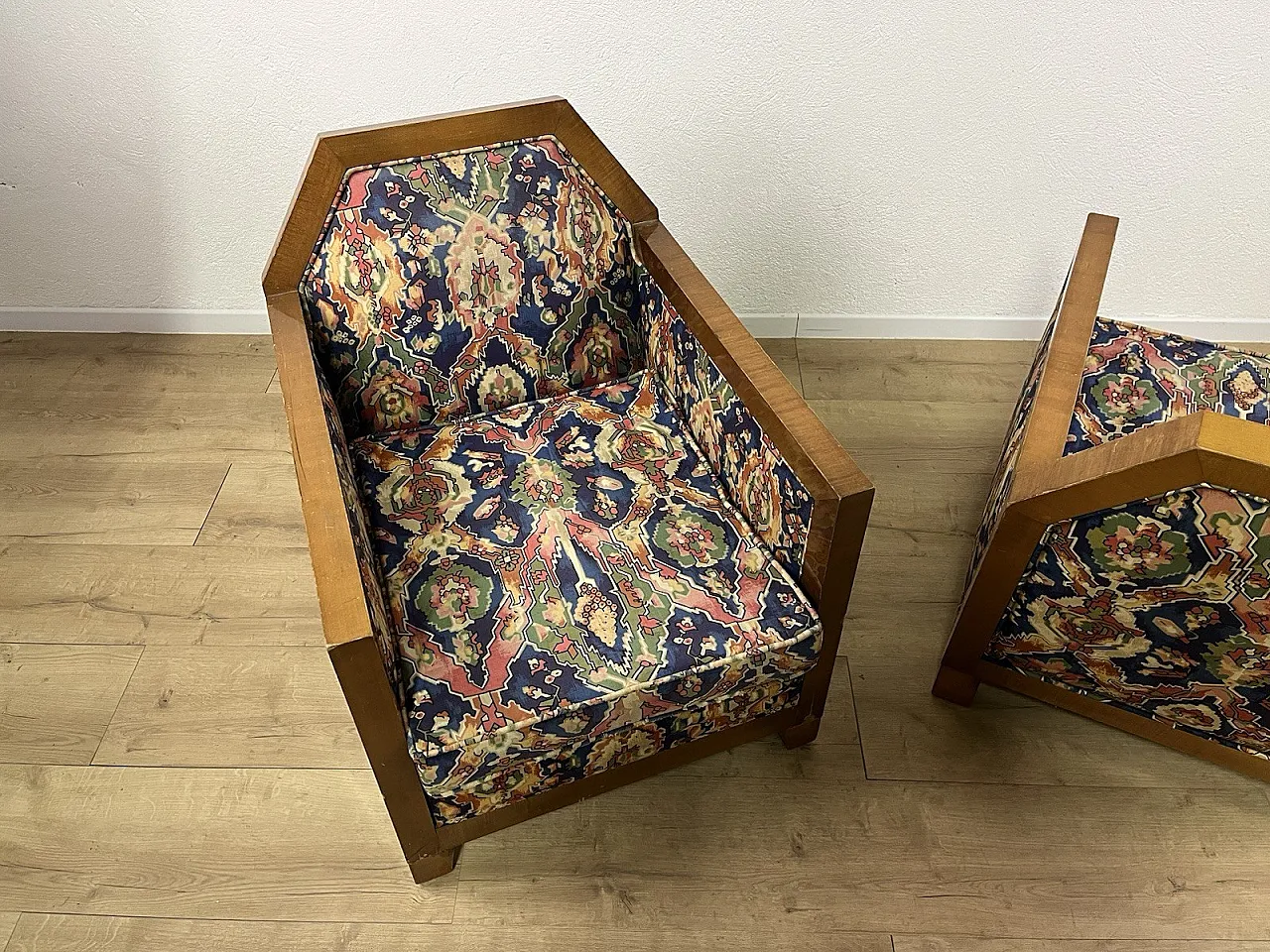 Pair of wooden and fabric armchairs, 1940s 2