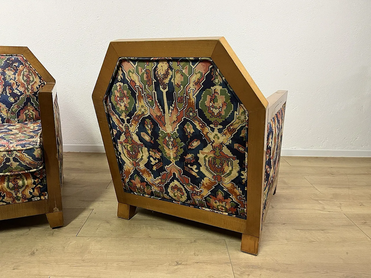 Pair of wooden and fabric armchairs, 1940s 3