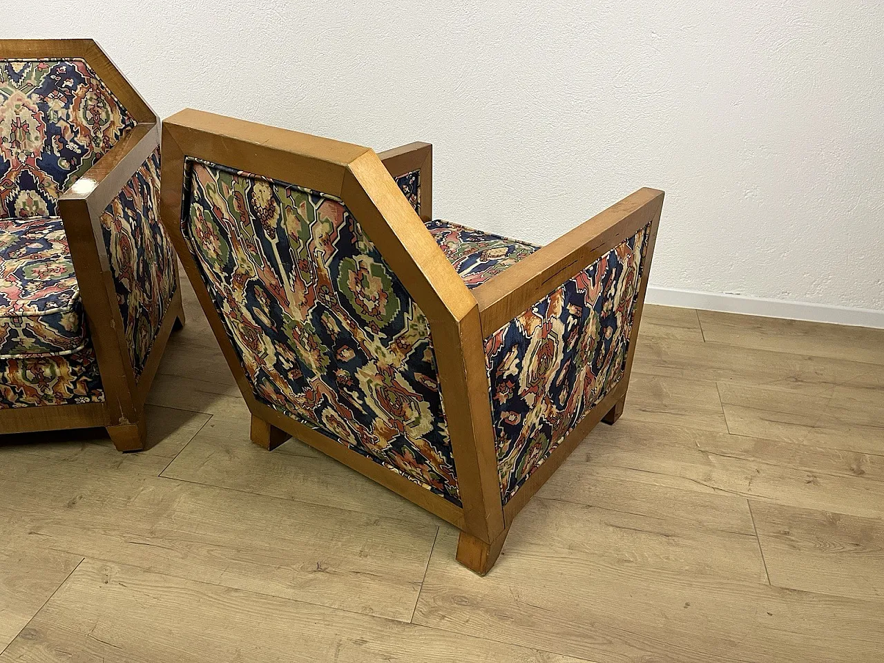 Pair of wooden and fabric armchairs, 1940s 4
