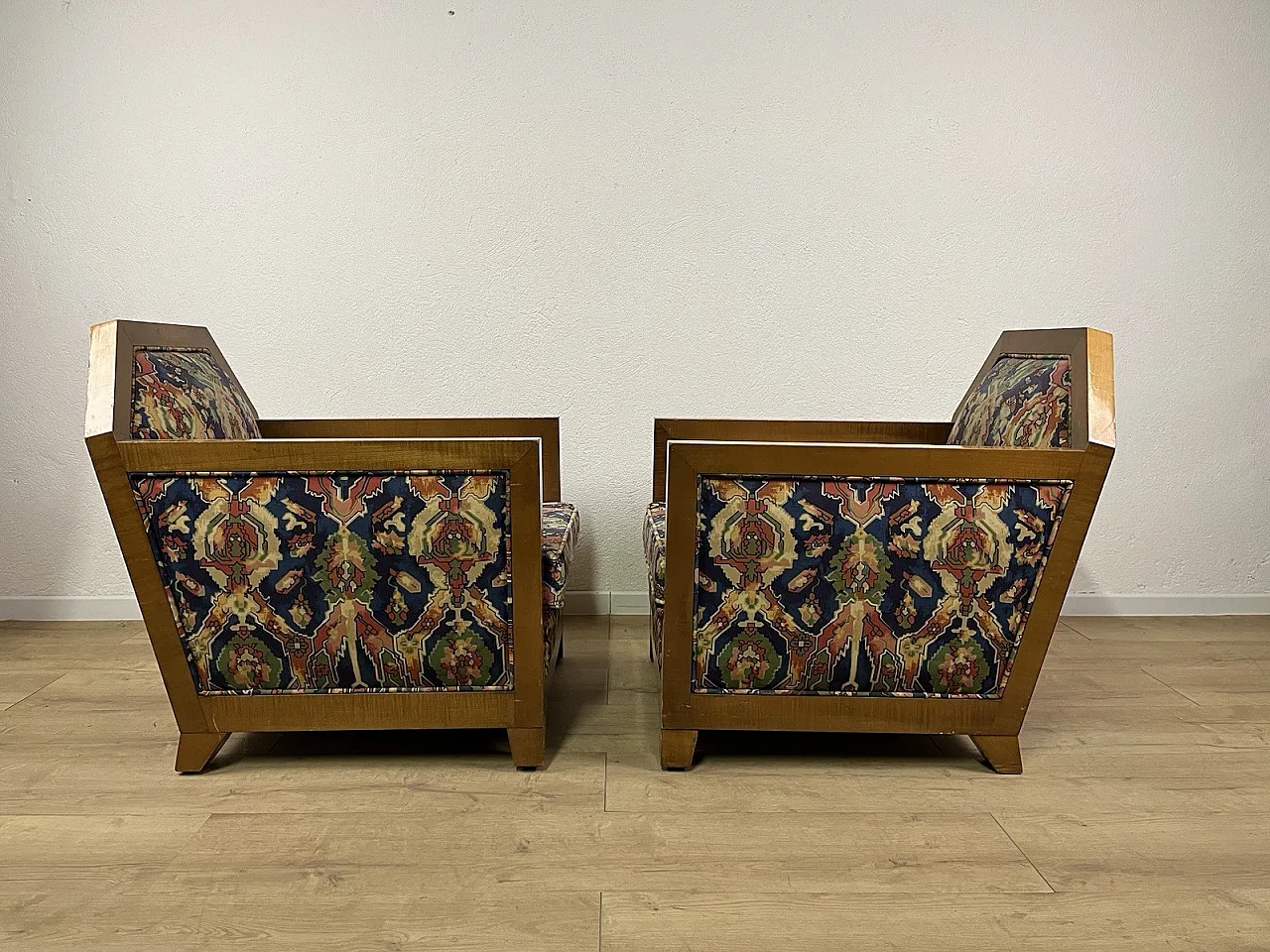 Pair of wooden and fabric armchairs, 1940s 5