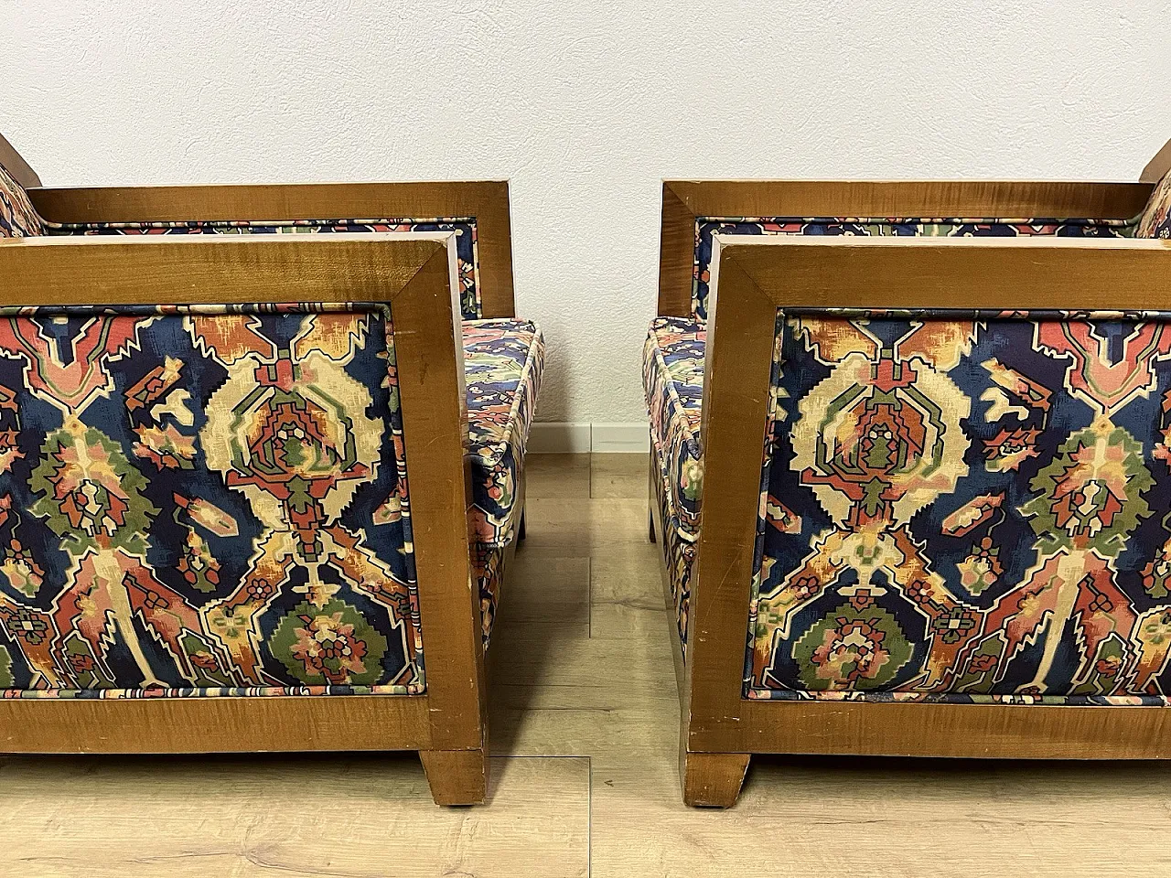 Pair of wooden and fabric armchairs, 1940s 6