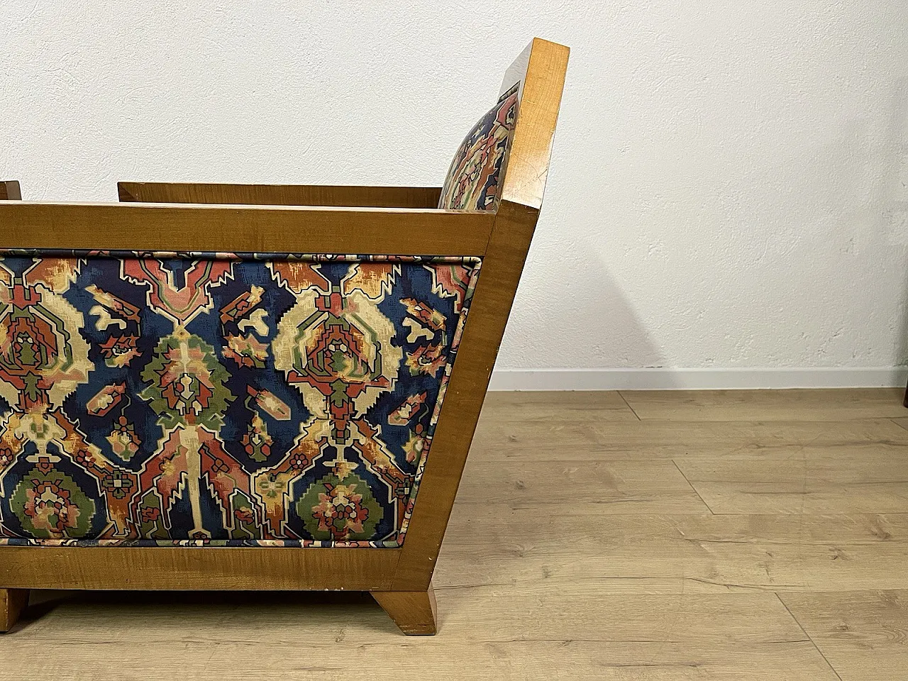 Pair of wooden and fabric armchairs, 1940s 7