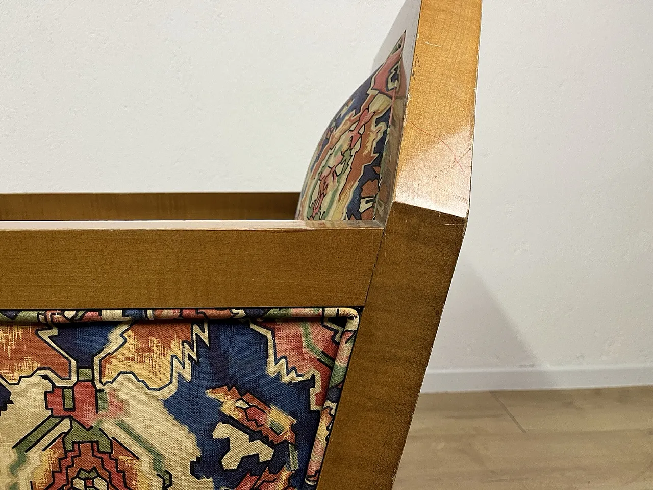 Pair of wooden and fabric armchairs, 1940s 8