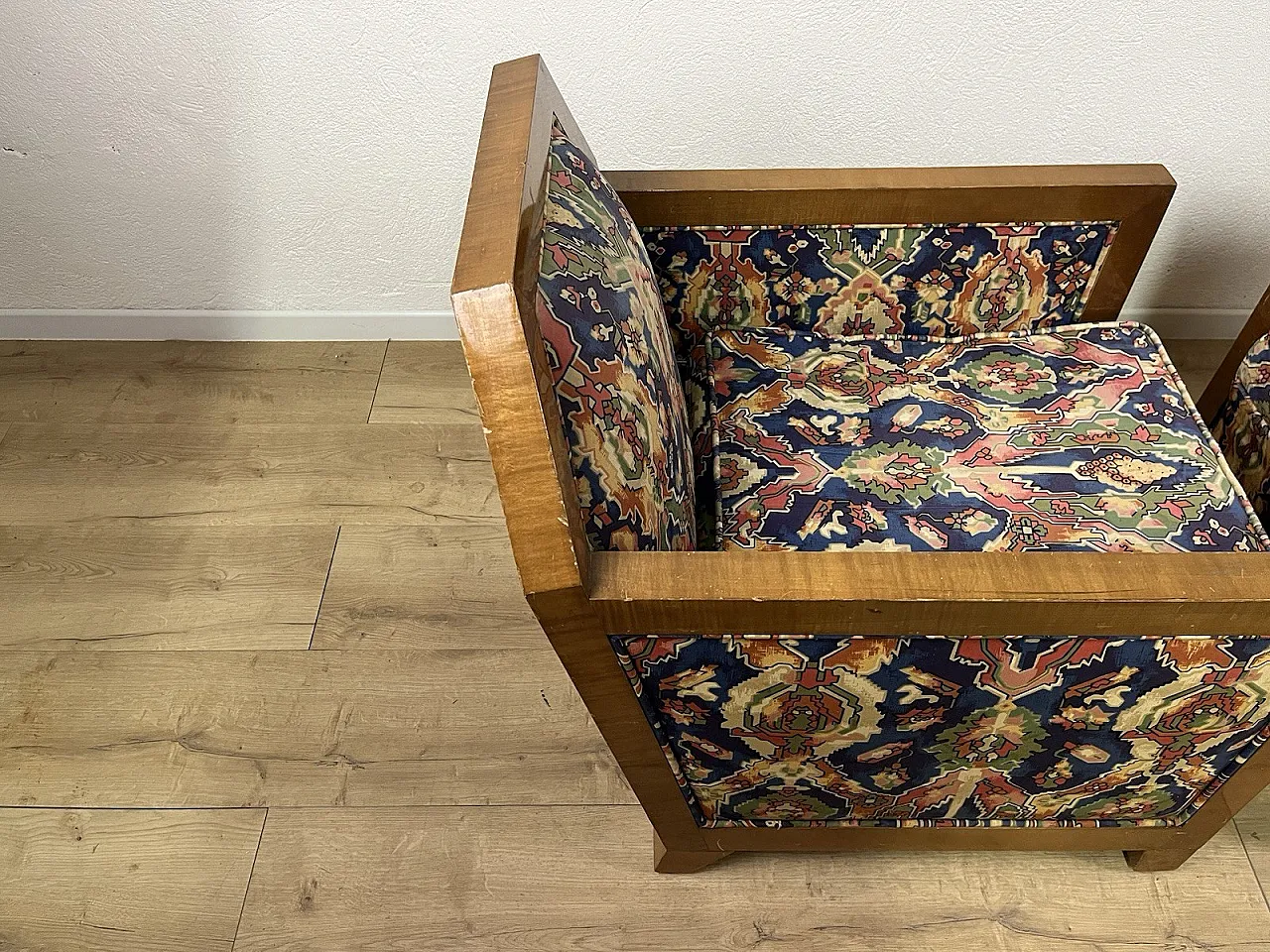 Pair of wooden and fabric armchairs, 1940s 9