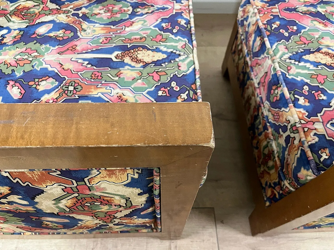 Pair of wooden and fabric armchairs, 1940s 10