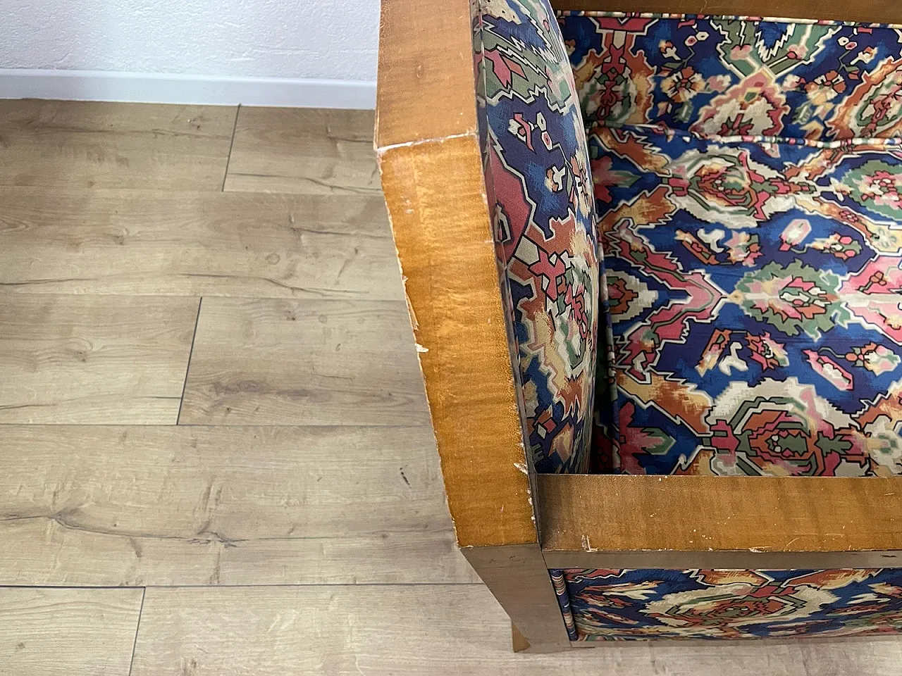 Pair of wooden and fabric armchairs, 1940s 11