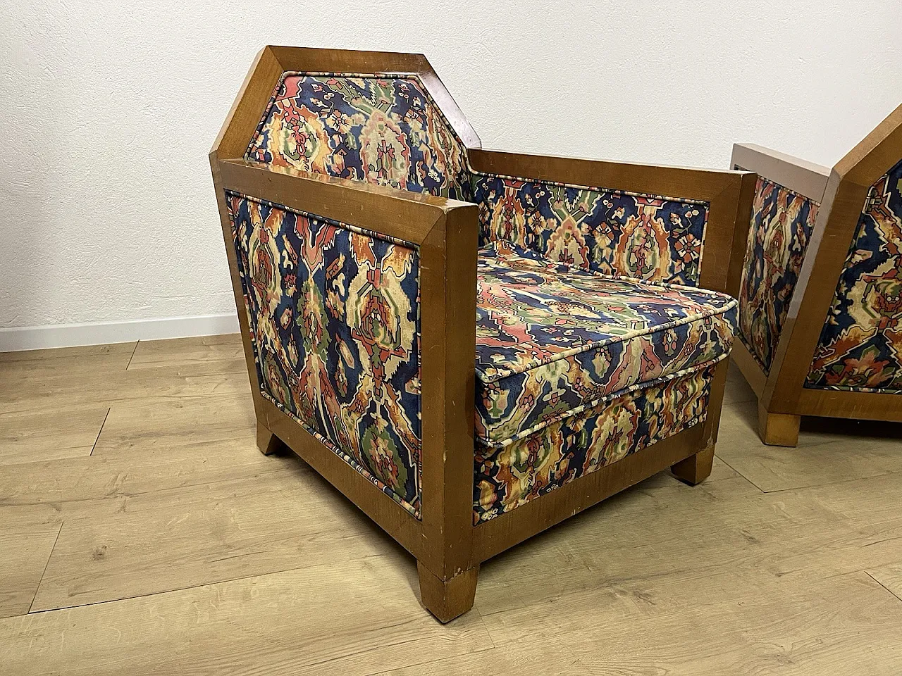 Pair of wooden and fabric armchairs, 1940s 12
