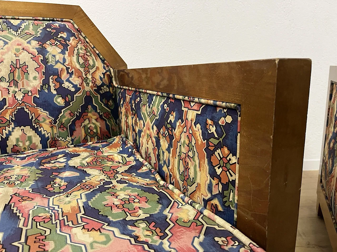 Pair of wooden and fabric armchairs, 1940s 13