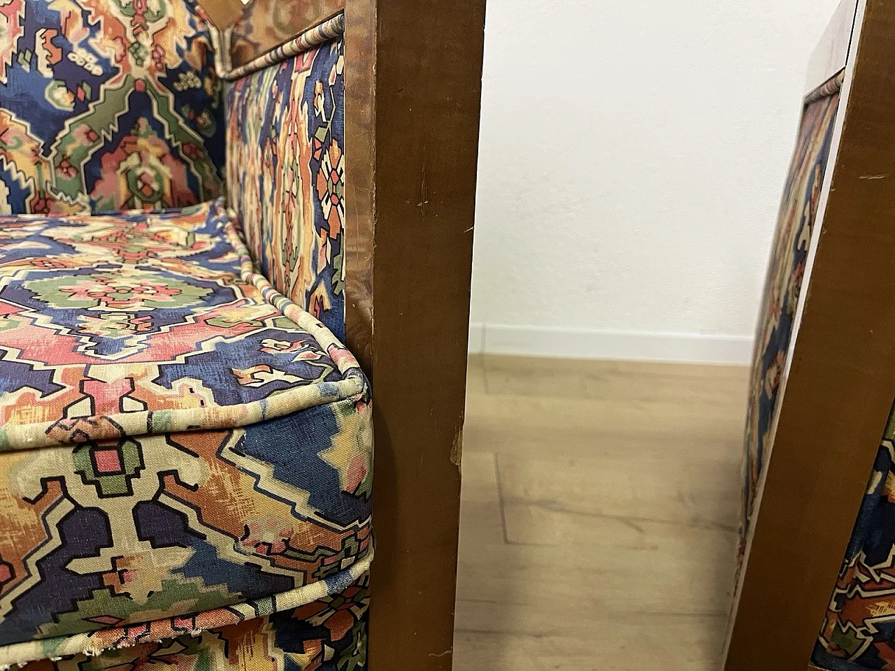 Pair of wooden and fabric armchairs, 1940s 14