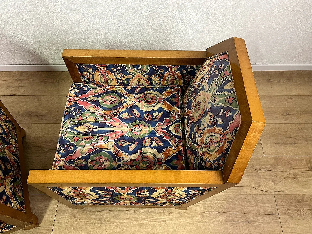 Pair of wooden and fabric armchairs, 1940s 16