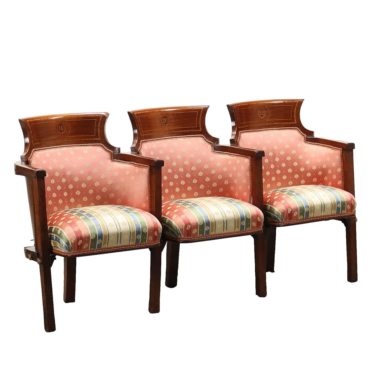 3 Poltrone da cinema o teatro in legno e tessuto, '900 1