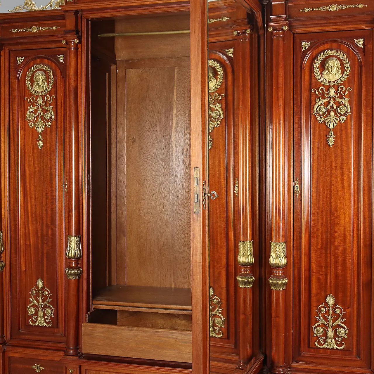 Chiseled and gilded mahogany, oak and bronze wardrobe, 20th century 7