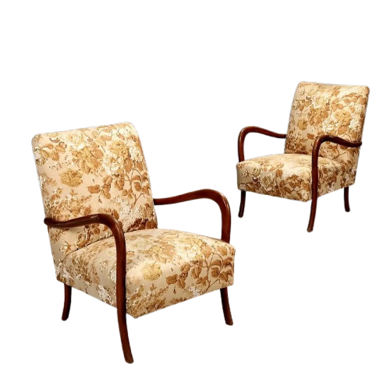 Coppia di poltrone in legno di faggio e tessuto, '900 10