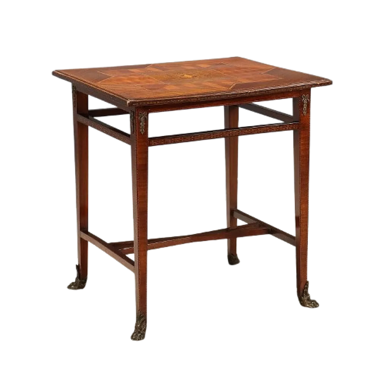 Inlaid and threaded table in various woods and bronze, 19th century 12