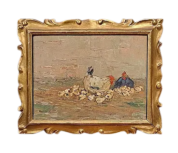 Scena rurale con chioccia e pulcini di Giovanni Lomi, '900