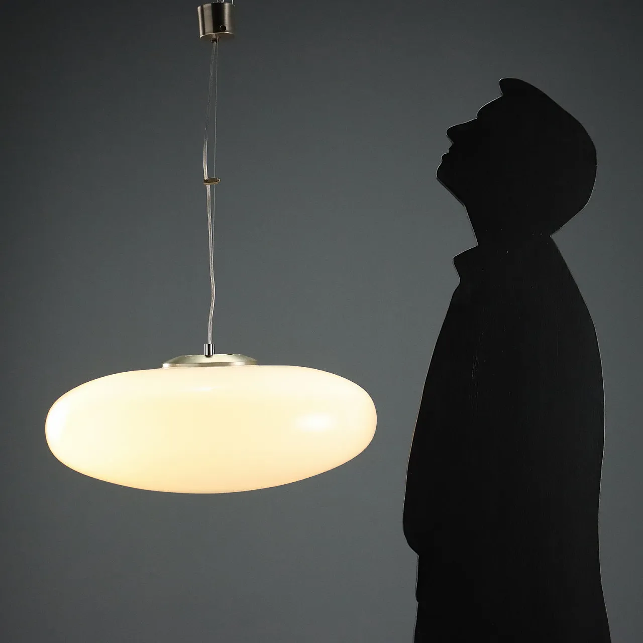 Chandelier with glass diffuser and aluminum frame, 20th century 2