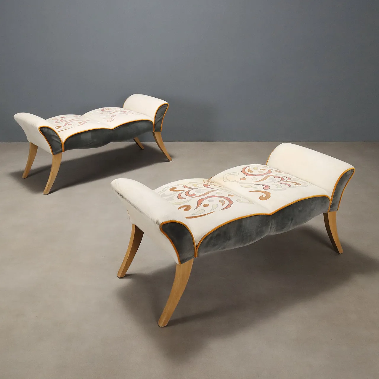 Pair of beech and embroidered fabric benches, 20th century 1