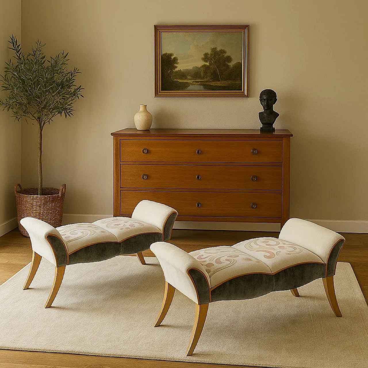 Pair of beech and embroidered fabric benches, 20th century 2