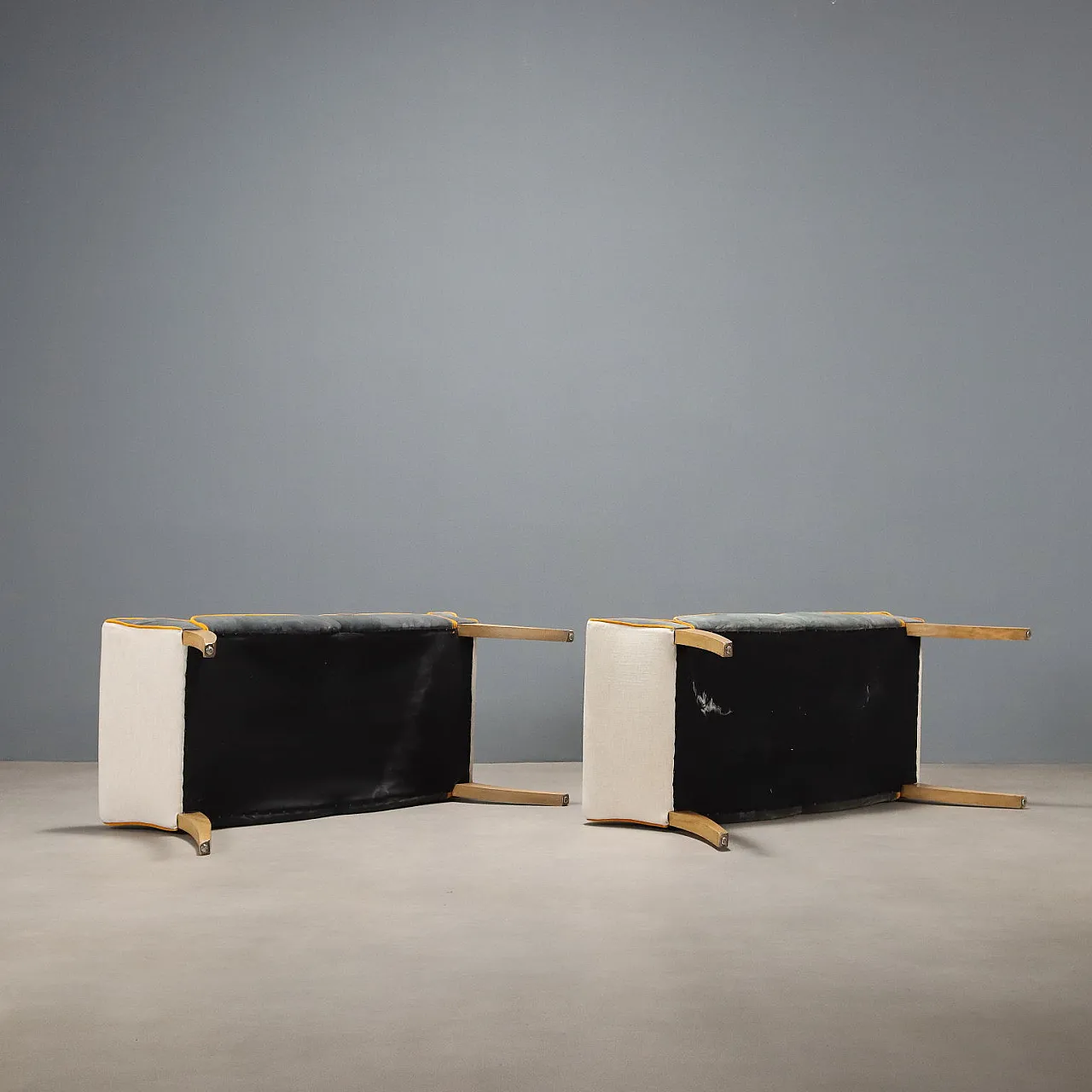 Pair of beech and embroidered fabric benches, 20th century 9