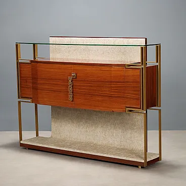 Mobile bar Canturina in metallo ottonato, tessuto e vetro, '900