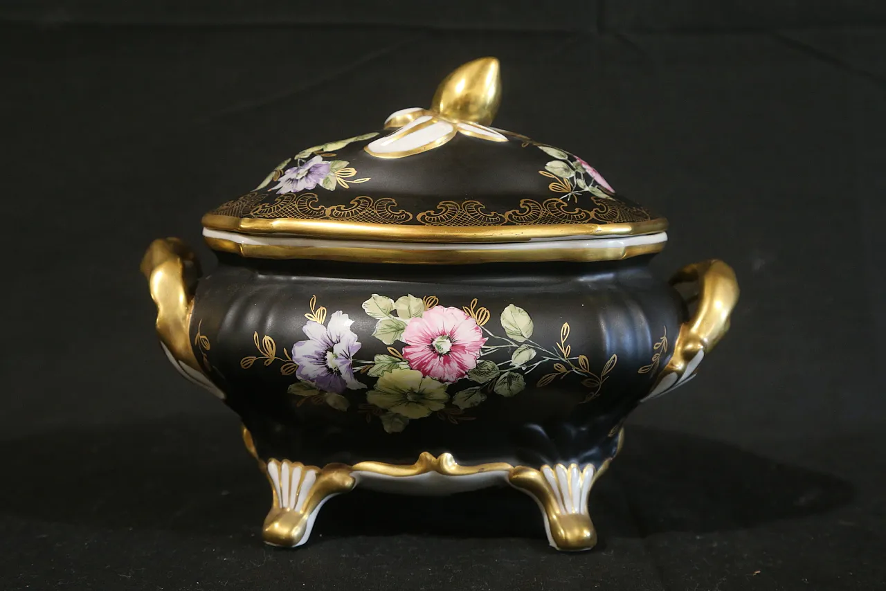 Black and gold Vieux Limoges porcelain bon bon jewelry box, 1960s 1