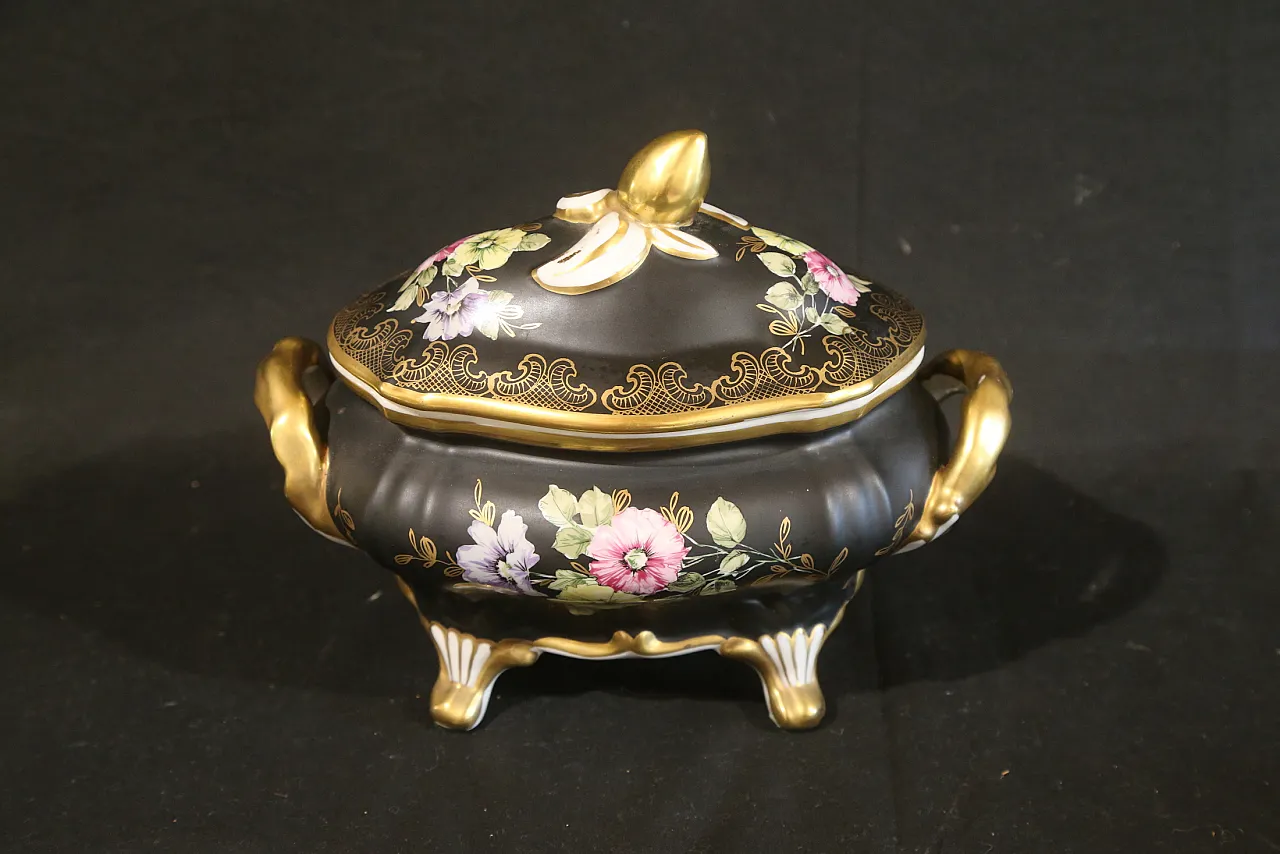 Black and gold Vieux Limoges porcelain bon bon jewelry box, 1960s 2