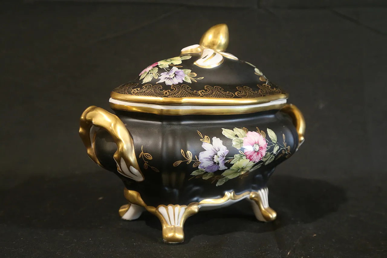 Black and gold Vieux Limoges porcelain bon bon jewelry box, 1960s 3