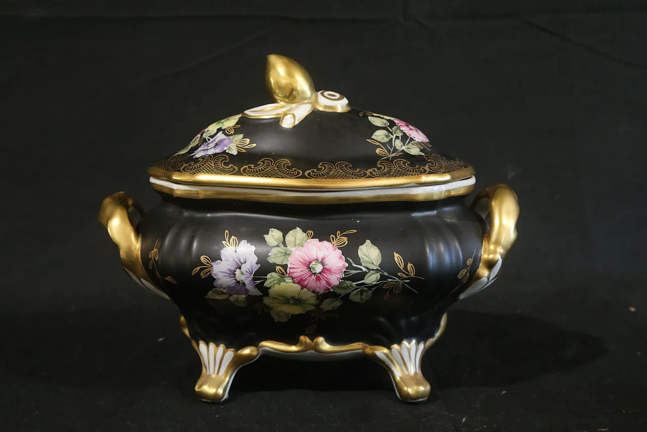 Black and gold Vieux Limoges porcelain bon bon jewelry box, 1960s 5