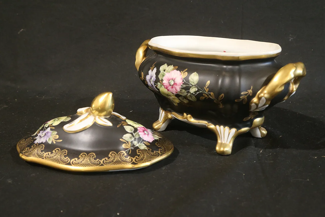 Black and gold Vieux Limoges porcelain bon bon jewelry box, 1960s 7