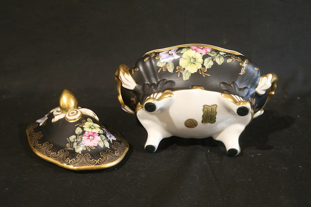 Black and gold Vieux Limoges porcelain bon bon jewelry box, 1960s 11