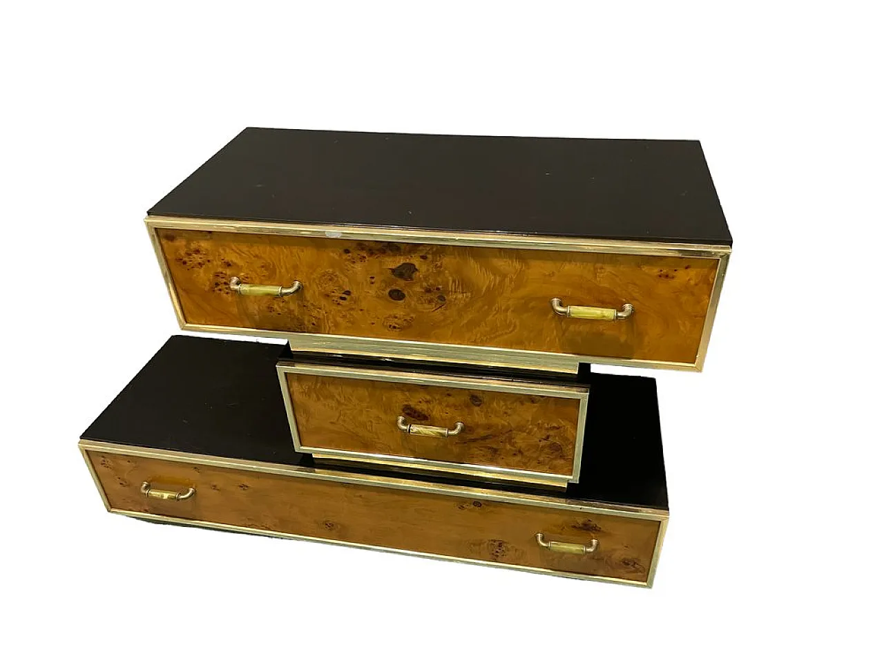 Modular wood and brass veneer console, 1950 1