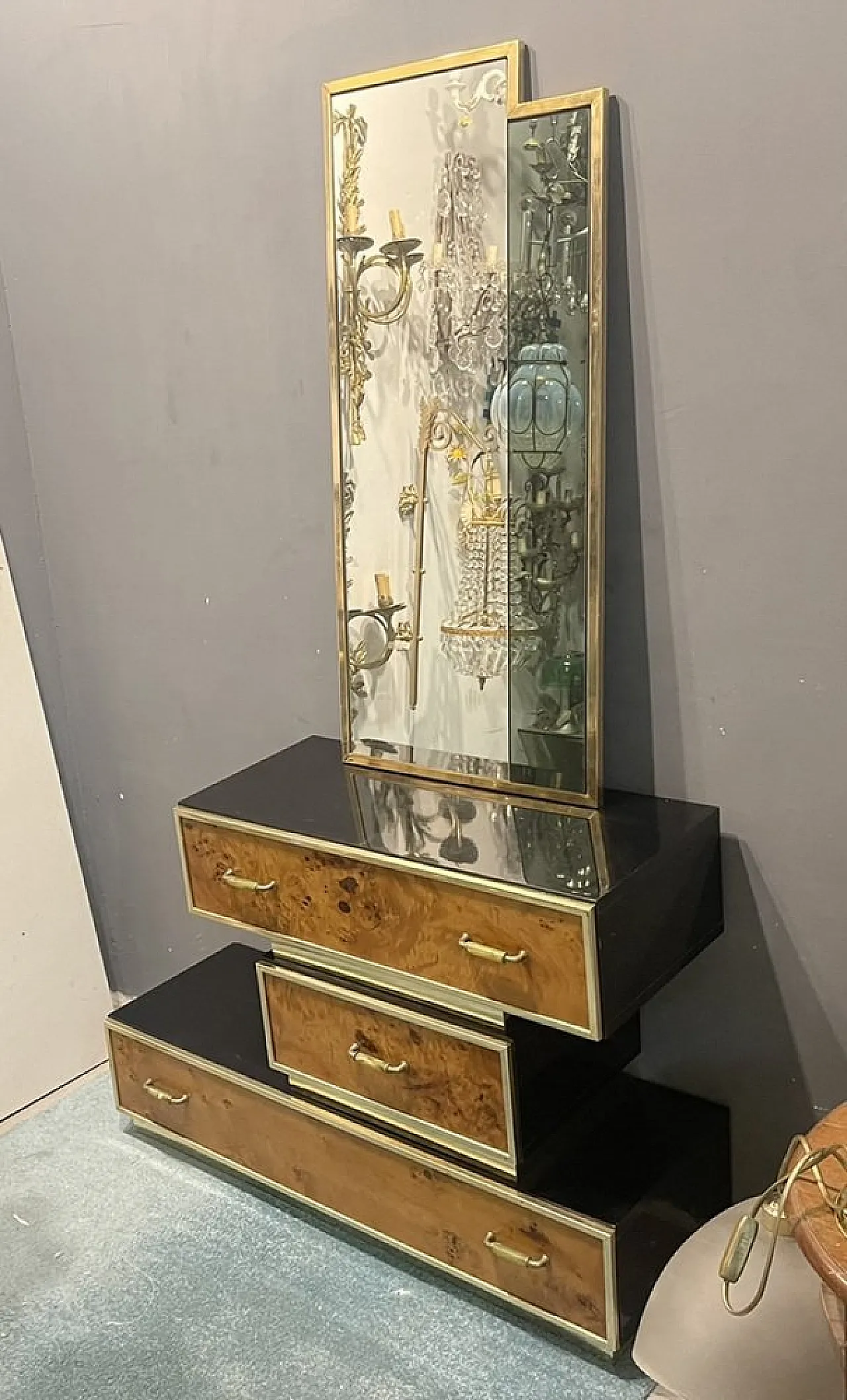 Modular wood and brass veneer console, 1950 7