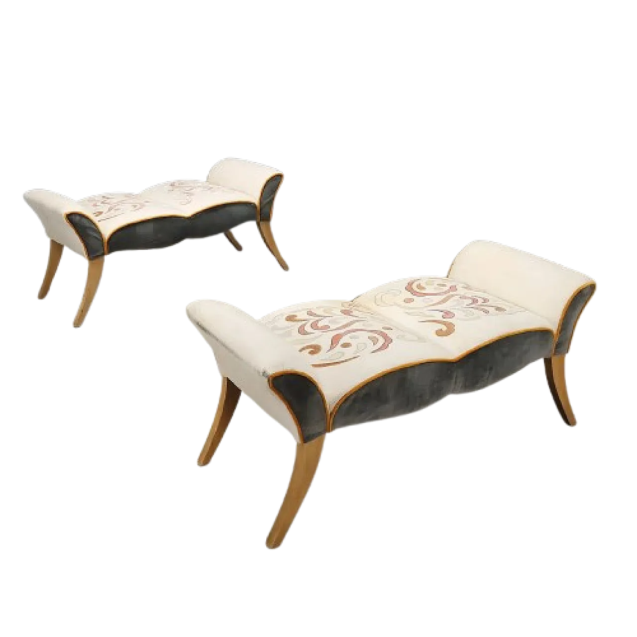 Pair of beech and embroidered fabric benches, 20th century 11