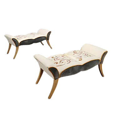 Pair of beech and embroidered fabric benches, 20th century
