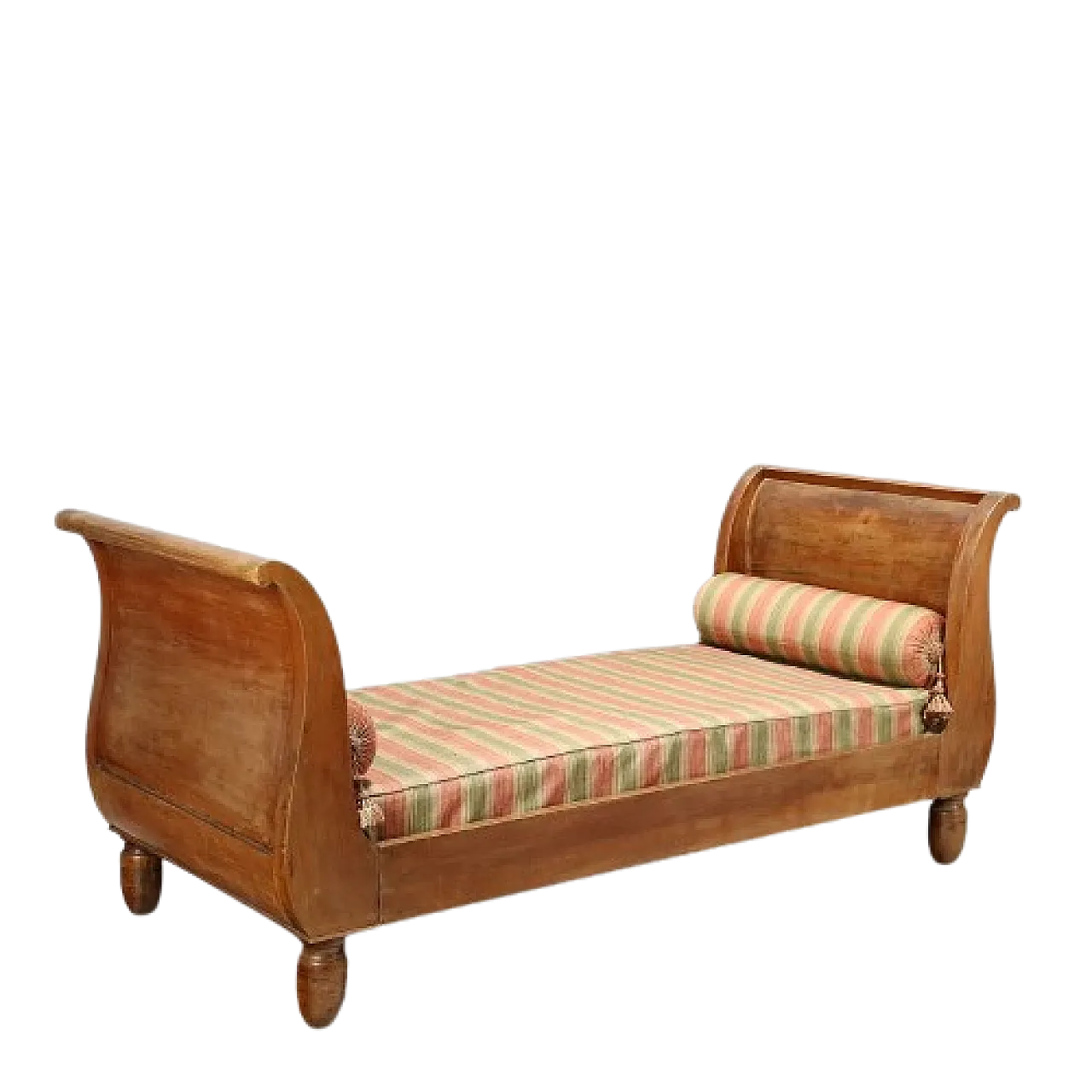 Letto a barca in noce con fianchi curvi e piedini a plinto, '800 11