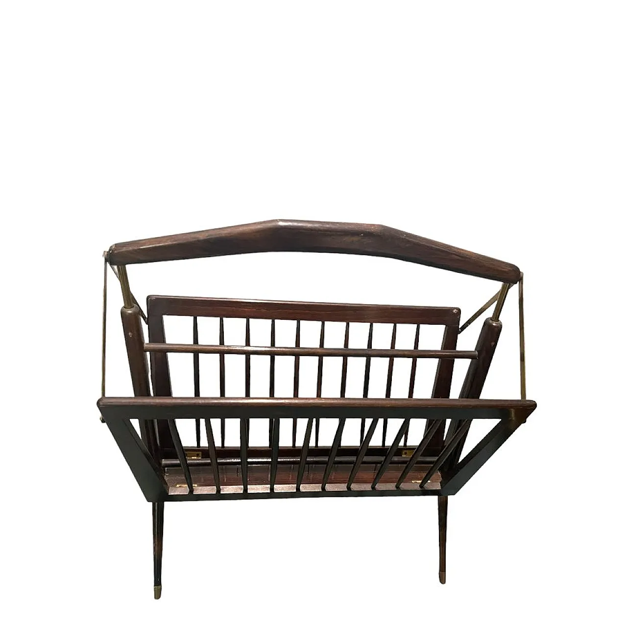 Folding magazine rack in stained wood and brass by Cesare Lacca, Italy, 1950s 1